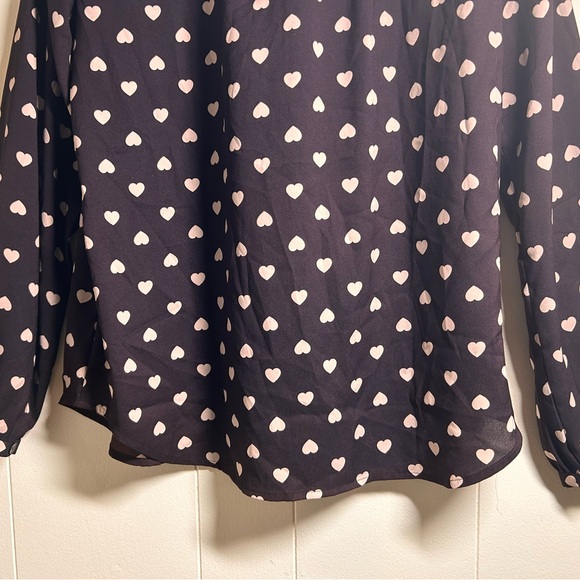 LOFT Ann Taylor Blouse L Brown Heart Print Tie Neck Long Sleeve Romantic Top - Picture 13 of 13